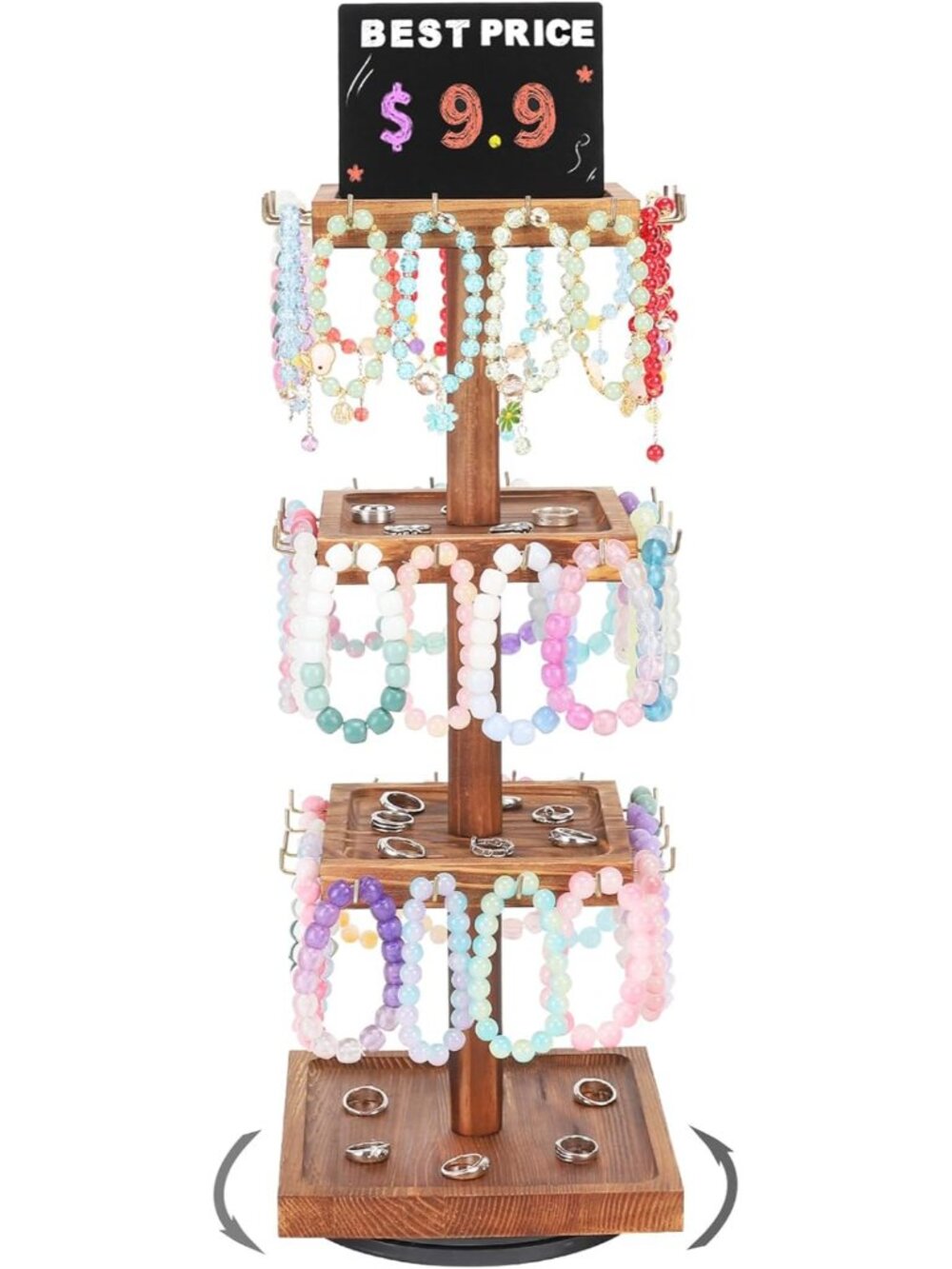 Rotating Wooden Jewelry Organizer With Large Capacity & Trays